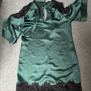 Green Satin Dress with Black Lace Accents